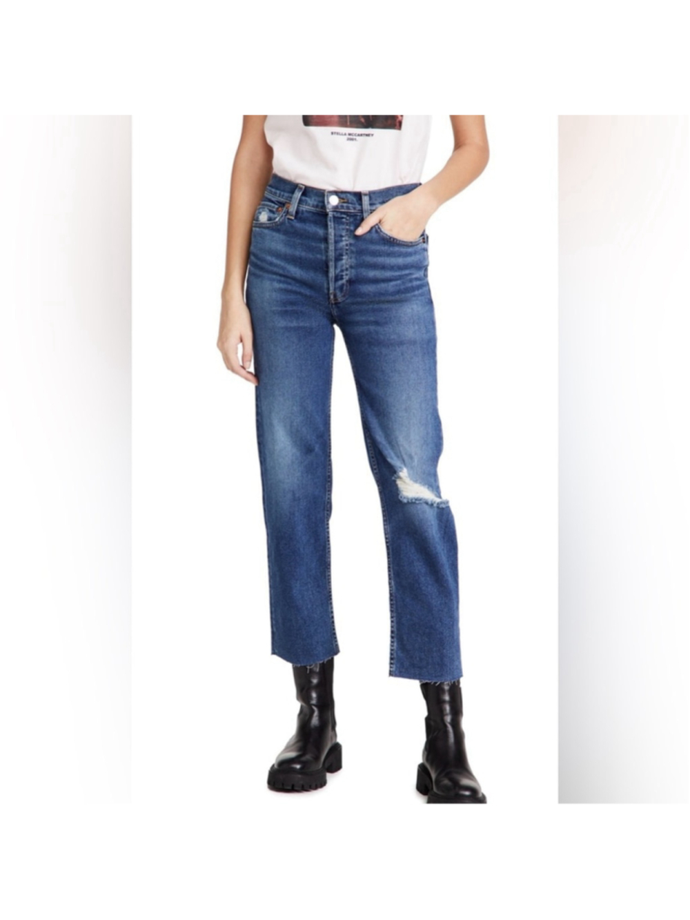 RE/DONE High Rise Stove Pipe Jeans Sz 28 (14.5”W) Worn True Indigo EUC